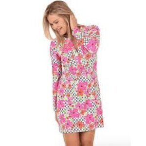 NEW IBKÜL Pink White Caribbean Tiles UPF50+ Zip Long Sleeve Dress Size XS